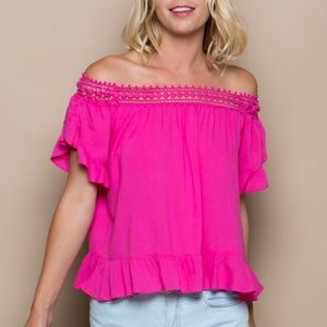 Pink fuchsia off the shoulder top with lace